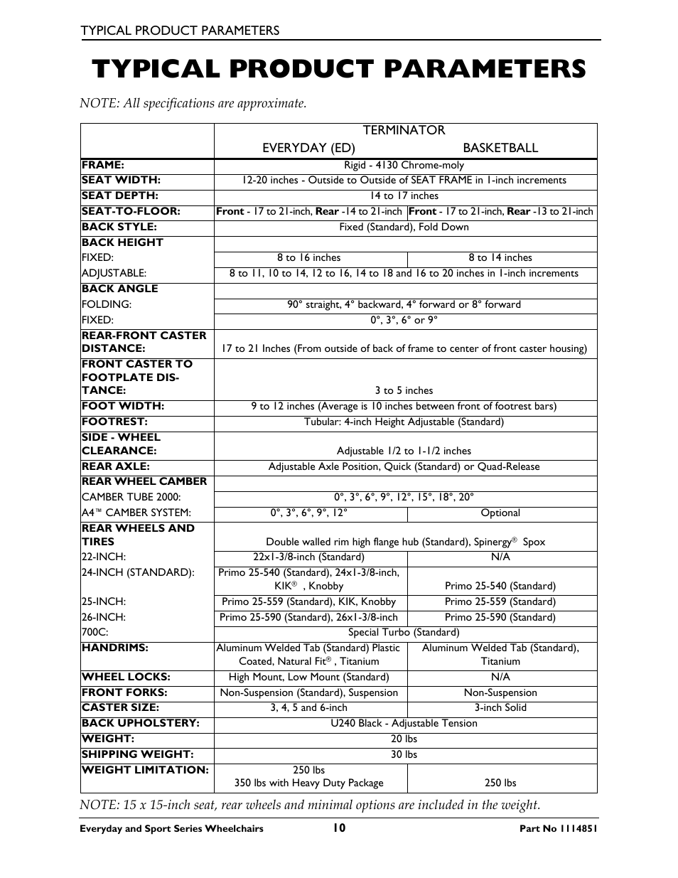 Typical product parameters | Invacare Top End X-Terminator QR User Manual | Page 10 / 76