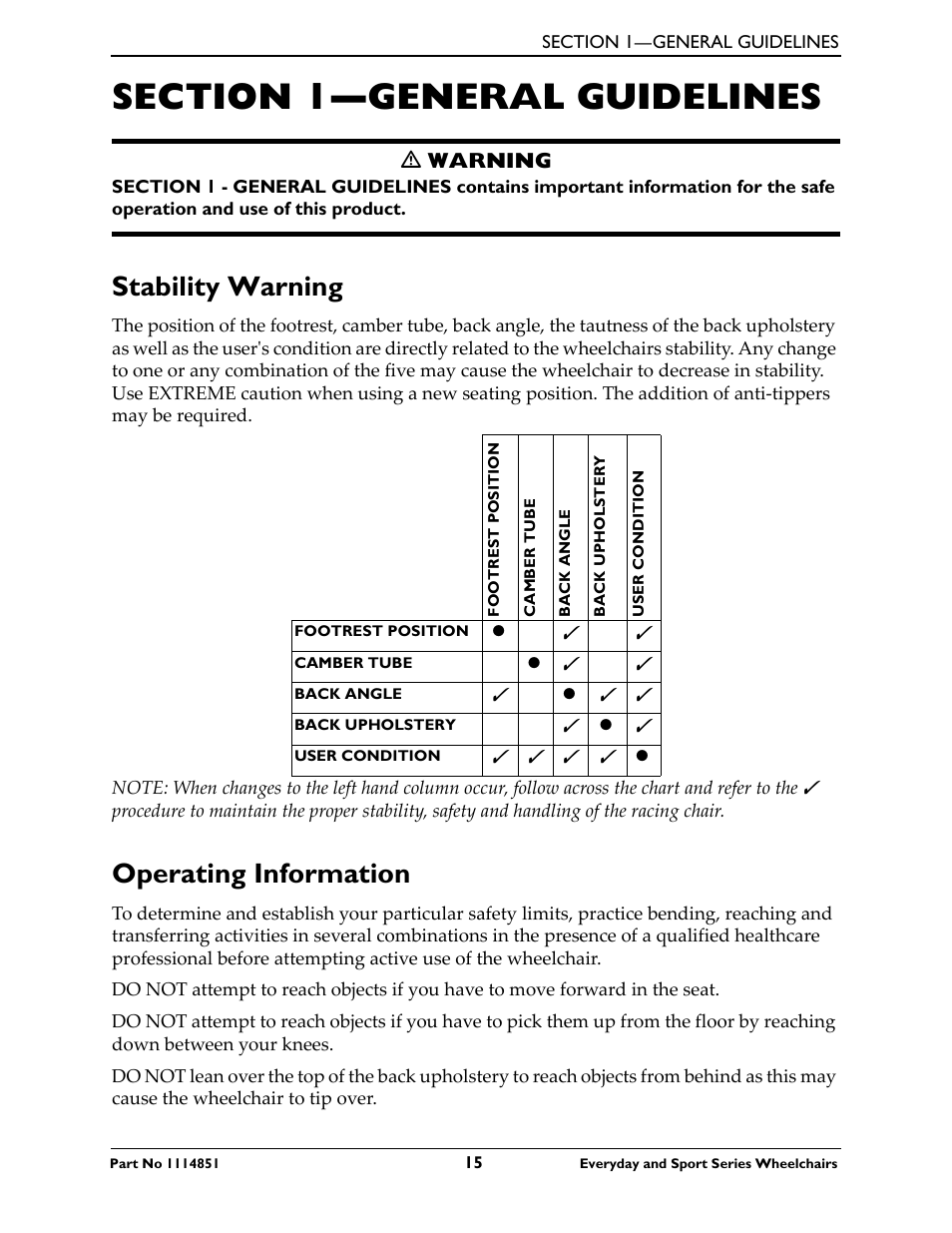 Section 1—general guidelines, Stability warning operating information, Stability warning | Operating information, Ƽ warning | Invacare Top End X-Terminator QR User Manual | Page 15 / 76