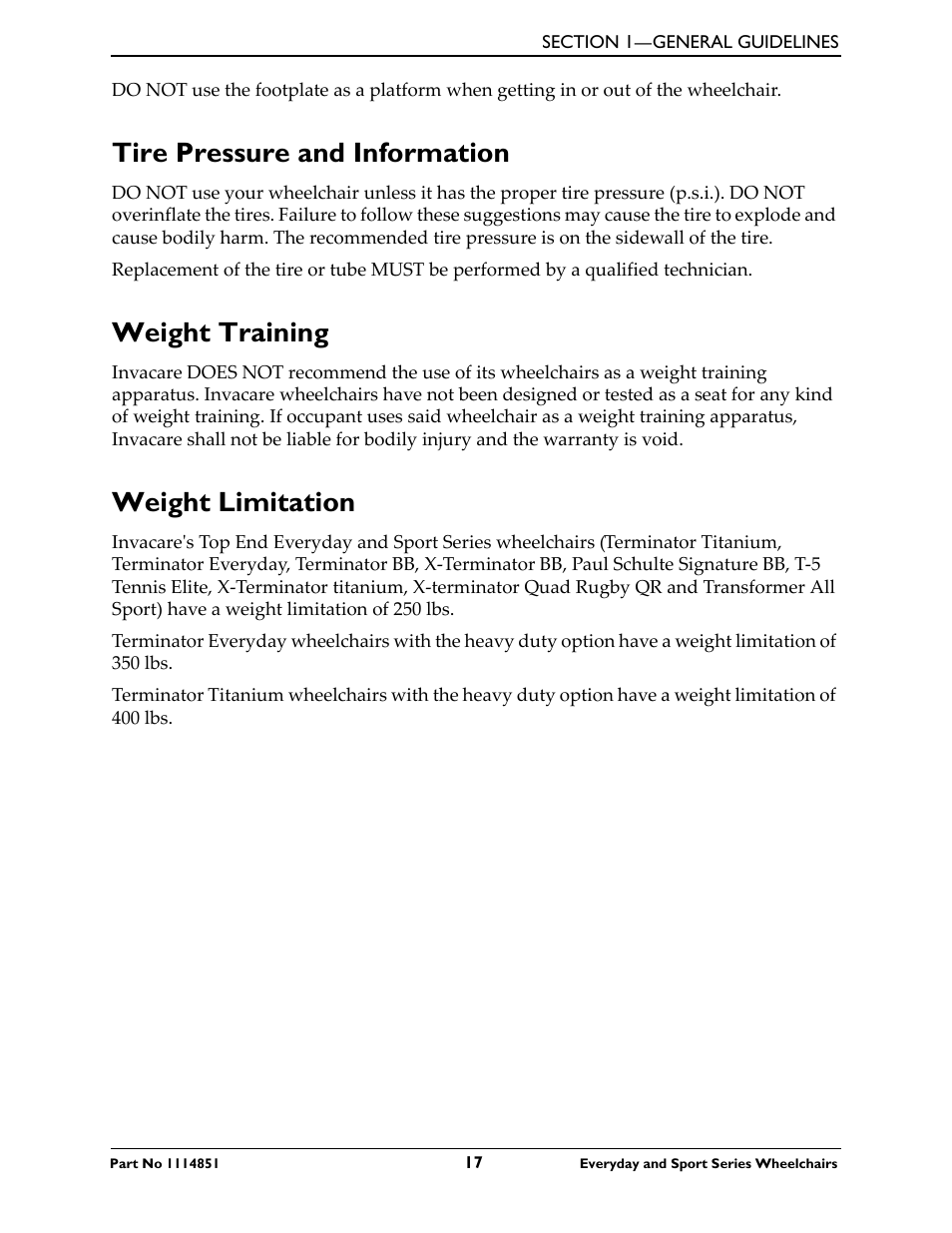 Tire pressure and information, Weight training, Weight limitation | Invacare Top End X-Terminator QR User Manual | Page 17 / 76