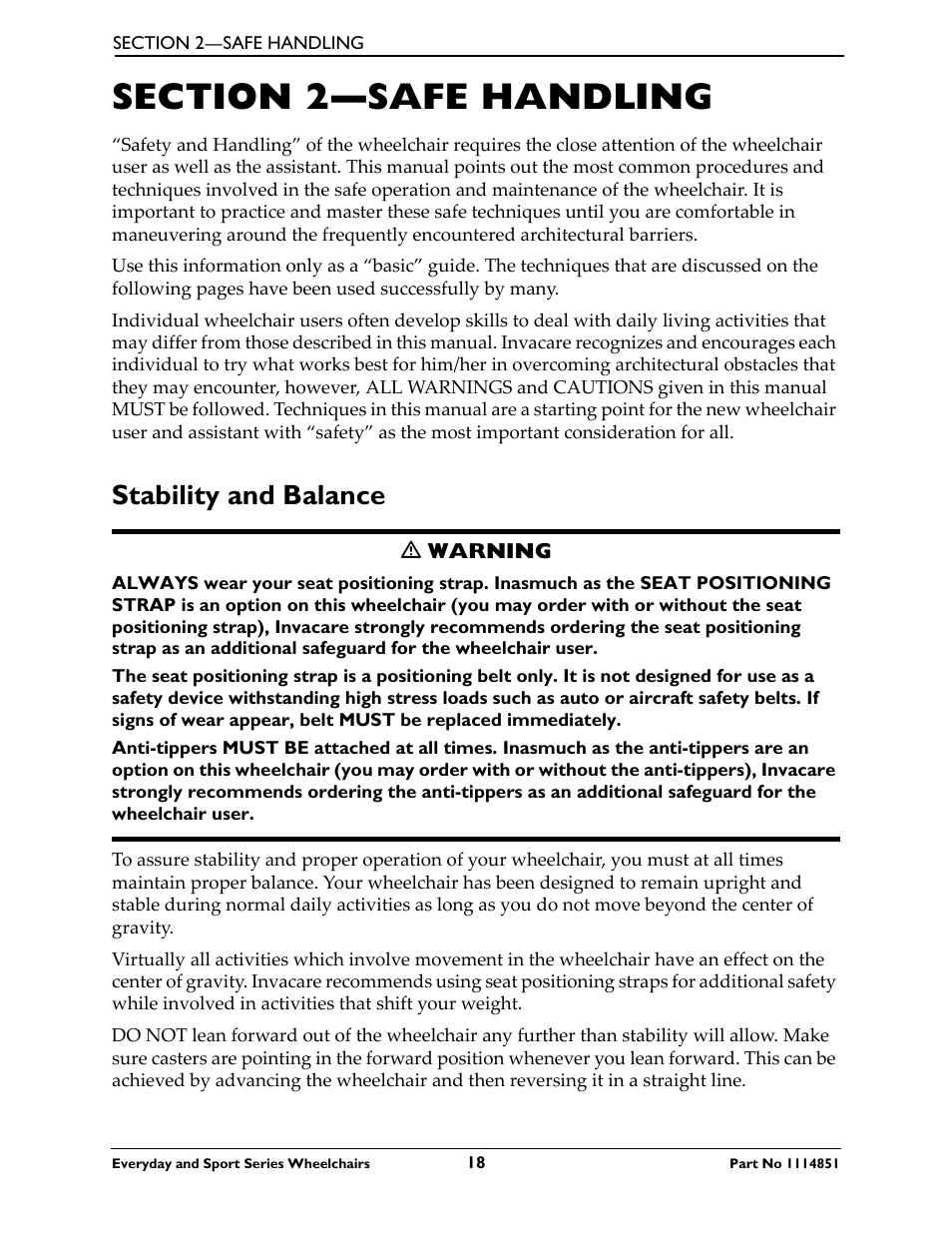 Section 2—safe handling, Stability and balance | Invacare Top End X-Terminator QR User Manual | Page 18 / 76