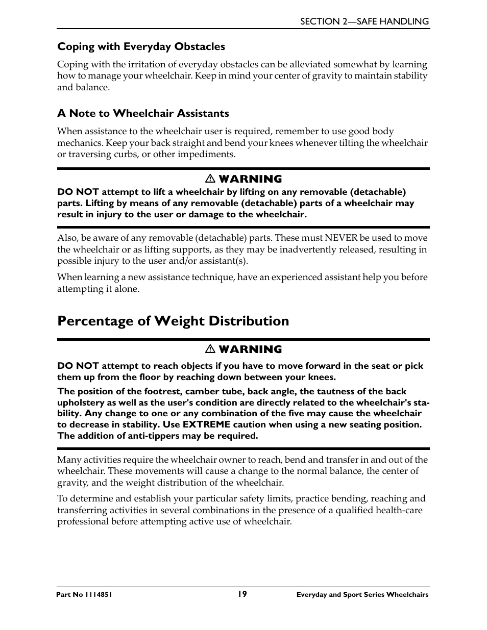 Coping with everyday obstacles, A note to wheelchair assistants, Percentage of weight distribution | Invacare Top End X-Terminator QR User Manual | Page 19 / 76