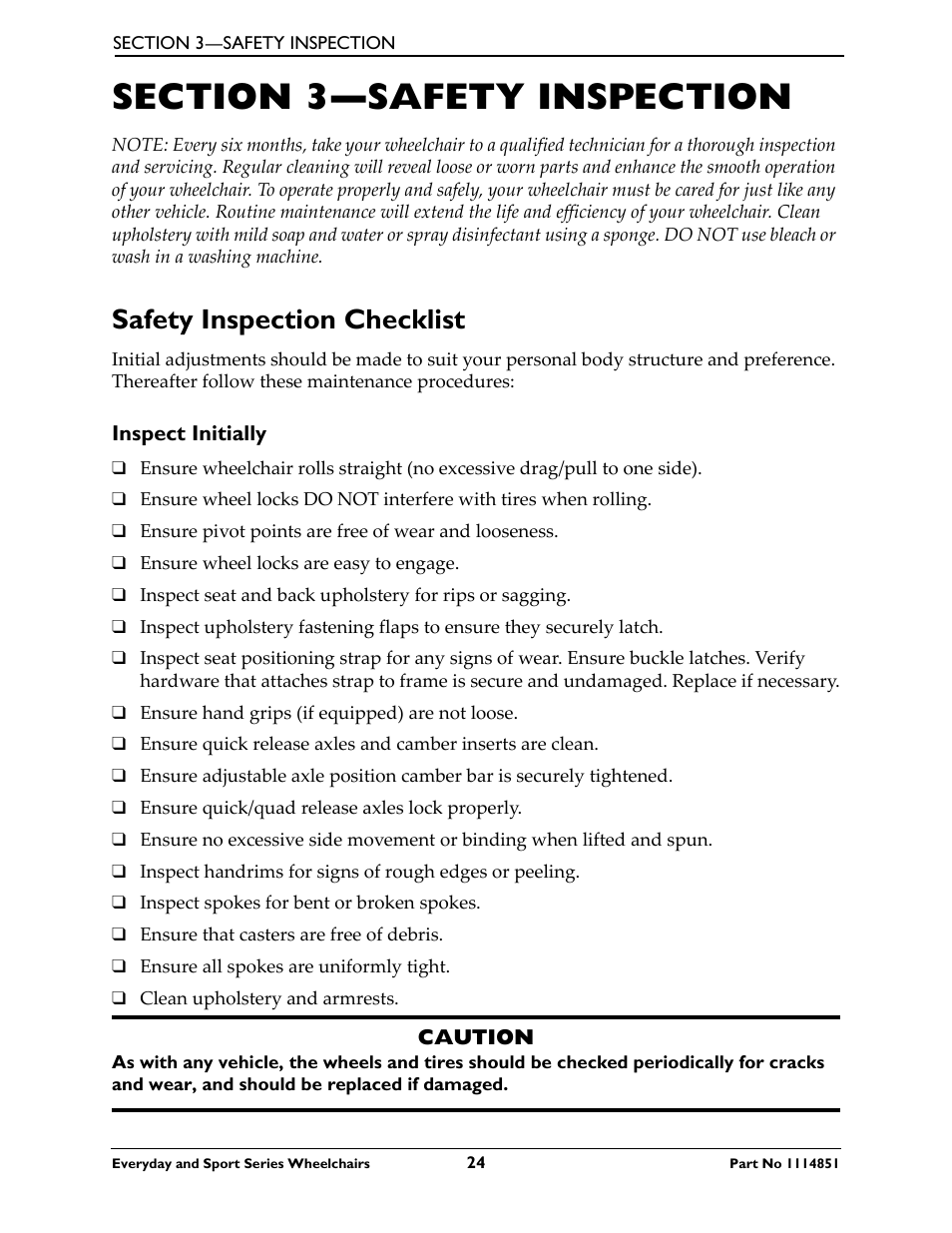 Section 3—safety inspection, Safety inspection checklist, Inspect initially | Invacare Top End X-Terminator QR User Manual | Page 24 / 76