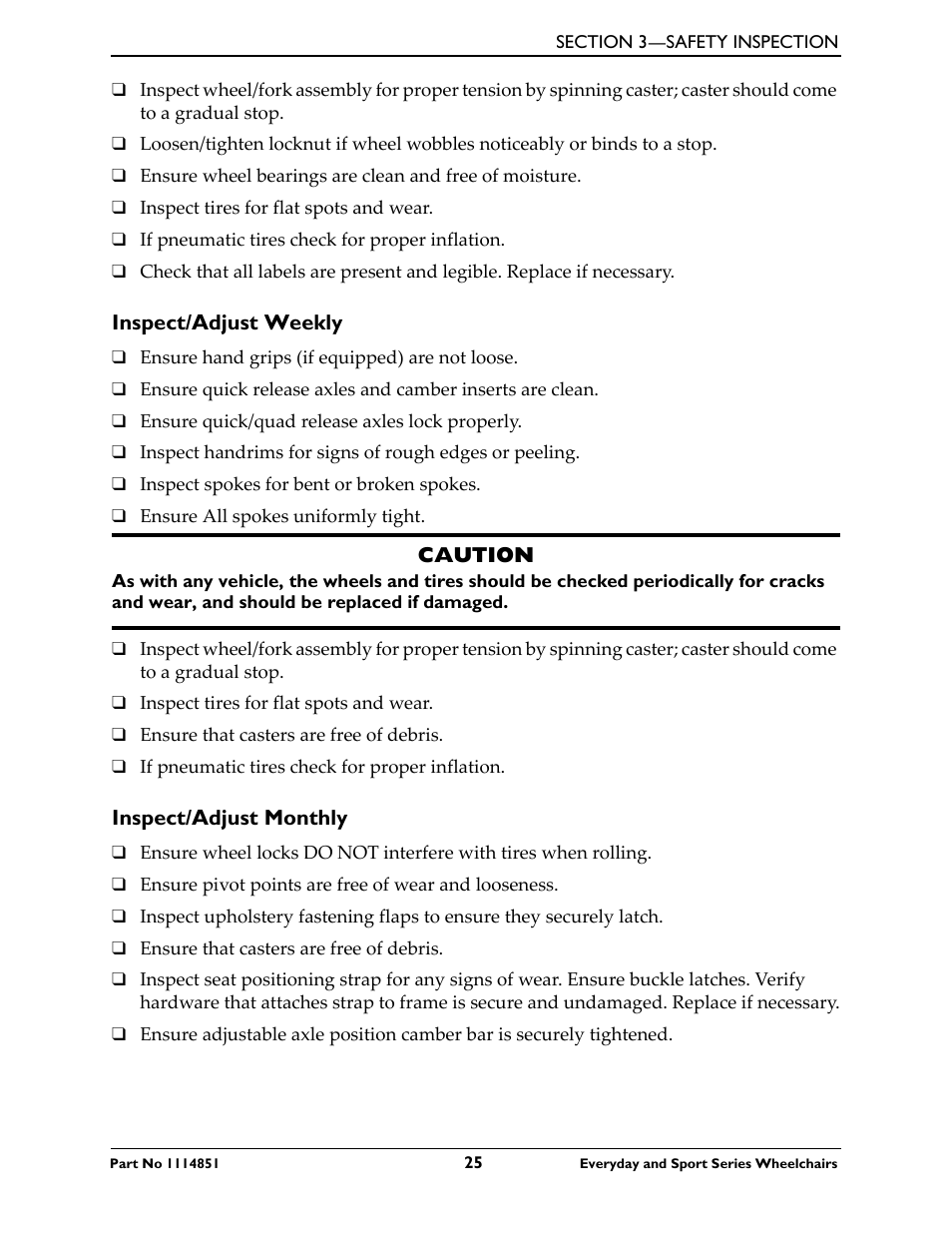 Inspect/adjust weekly, Inspect/adjust monthly | Invacare Top End X-Terminator QR User Manual | Page 25 / 76