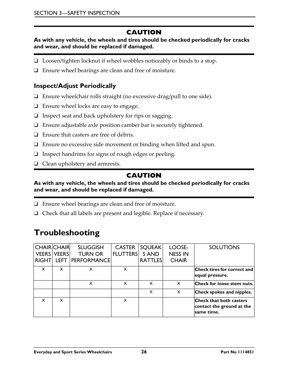 Inspect/adjust periodically, Troubleshooting, Caution | Invacare Top End X-Terminator QR User Manual | Page 26 / 76