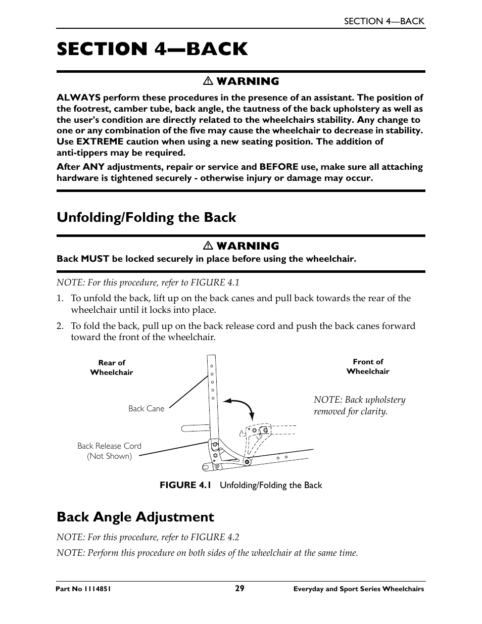 Section 4—back, Unfolding/folding the back back angle adjustment, Unfolding/folding the back | Back angle adjustment | Invacare Top End X-Terminator QR User Manual | Page 29 / 76