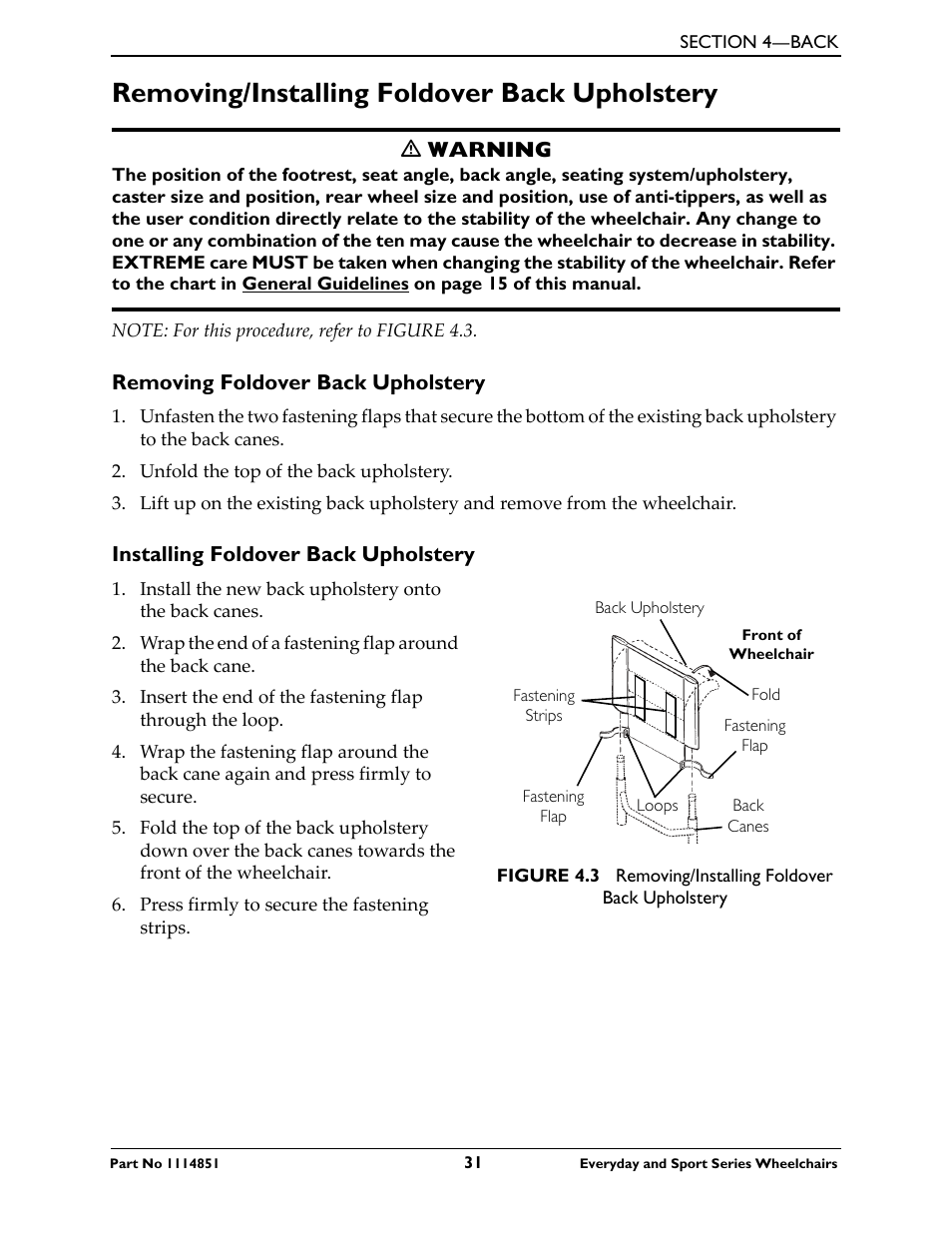 Removing/installing foldover back upholstery, Removing foldover back upholstery, Installing foldover back upholstery | Invacare Top End X-Terminator QR User Manual | Page 31 / 76
