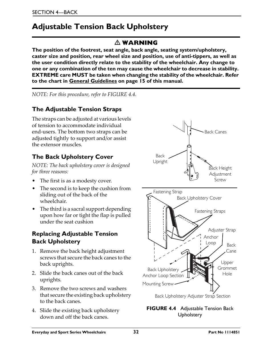 Adjustable tension back upholstery, The adjustable tension straps, The back upholstery cover | Replacing adjustable tension back upholstery | Invacare Top End X-Terminator QR User Manual | Page 32 / 76
