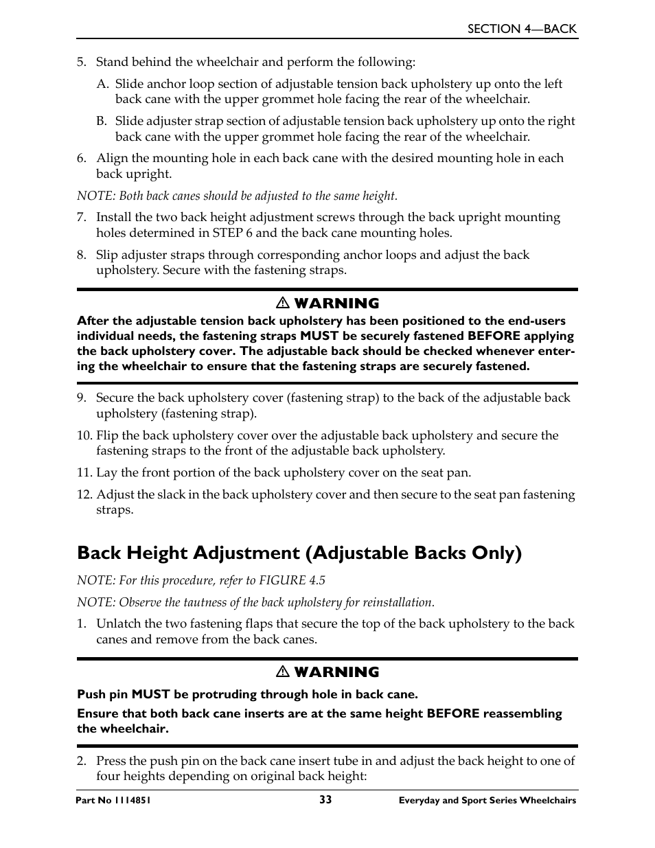 Back height adjustment (adjustable backs only) | Invacare Top End X-Terminator QR User Manual | Page 33 / 76