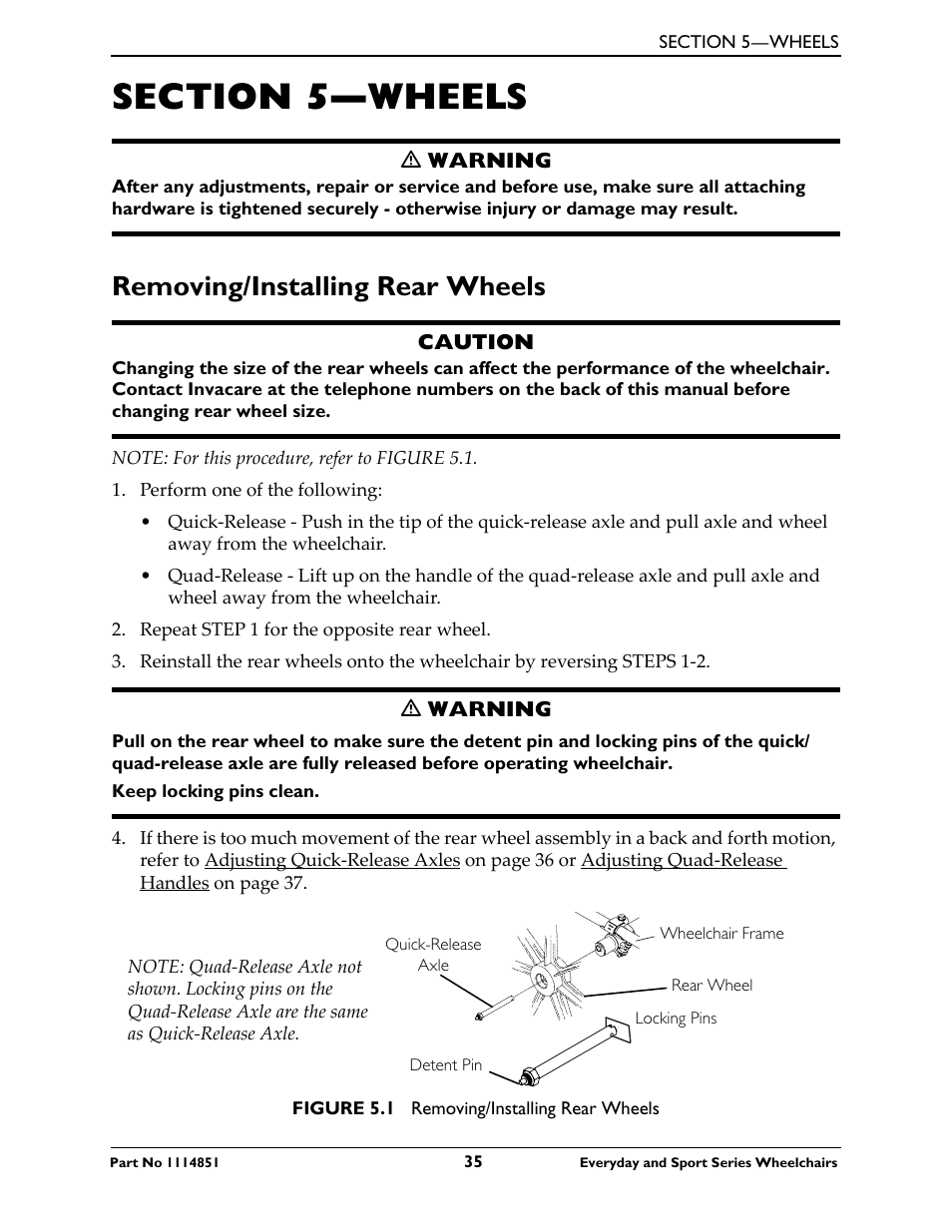 Section 5—wheels, Removing/installing rear wheels | Invacare Top End X-Terminator QR User Manual | Page 35 / 76