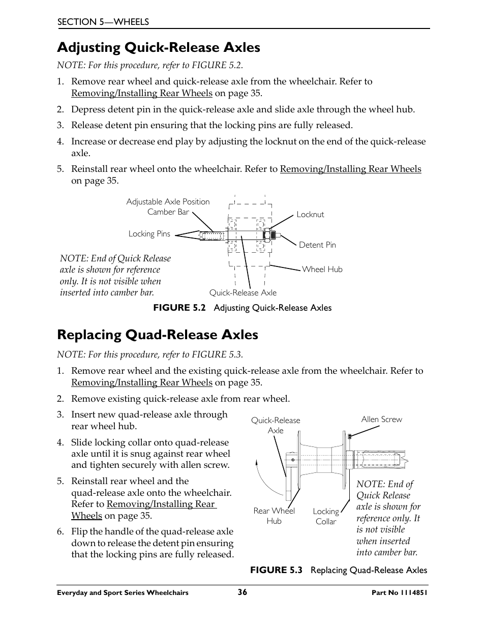 Adjusting quick-release axles, Replacing quad-release axles | Invacare Top End X-Terminator QR User Manual | Page 36 / 76