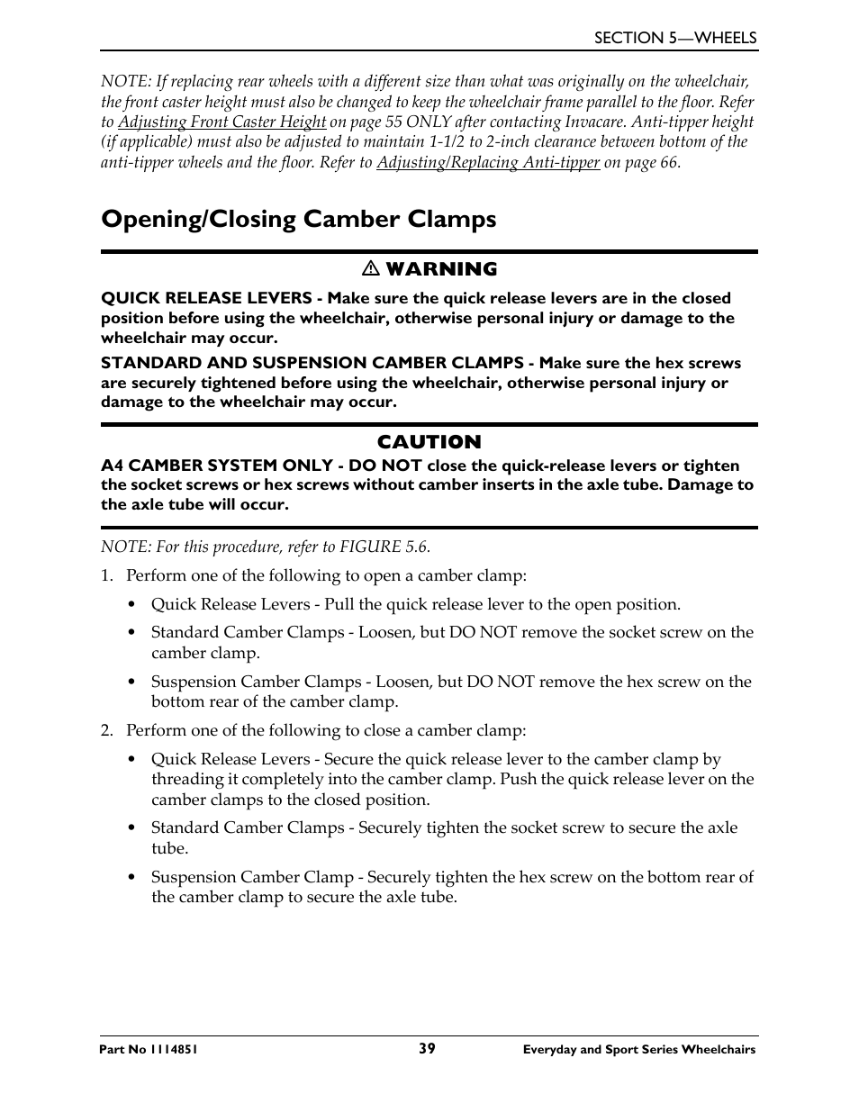 Opening/closing camber clamps | Invacare Top End X-Terminator QR User Manual | Page 39 / 76