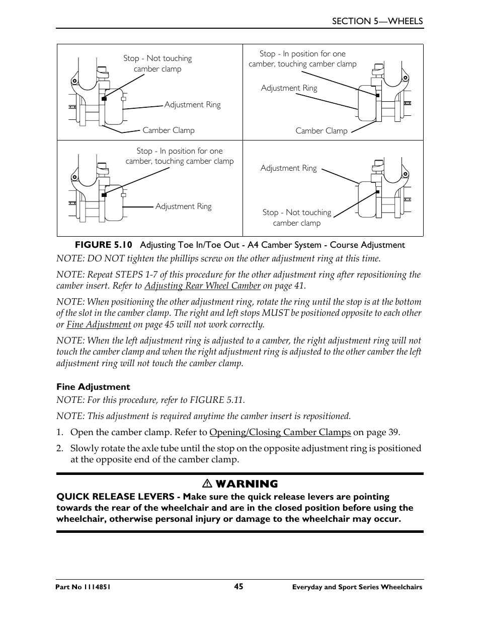 Fine adjustment, Figure 5.10, Ƽ warning | Invacare Top End X-Terminator QR User Manual | Page 45 / 76