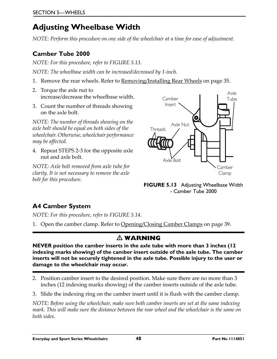 Adjusting wheelbase width, Camber tube 2000, A4 camber system | Invacare Top End X-Terminator QR User Manual | Page 48 / 76