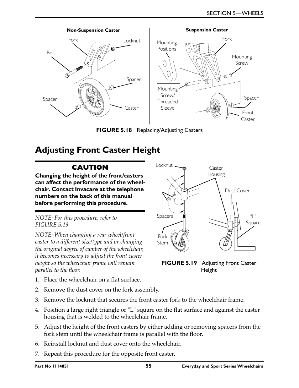 Adjusting front caster height, Figure 5.18, Caution | Invacare Top End X-Terminator QR User Manual | Page 55 / 76
