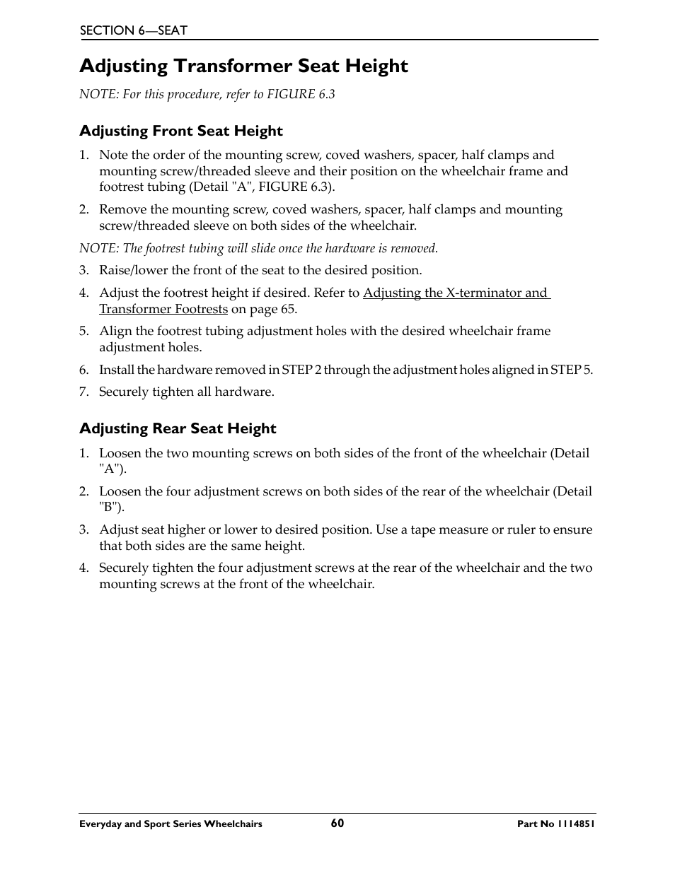 Adjusting transformer seat height, Adjusting front seat height, Adjusting rear seat height | Invacare Top End X-Terminator QR User Manual | Page 60 / 76