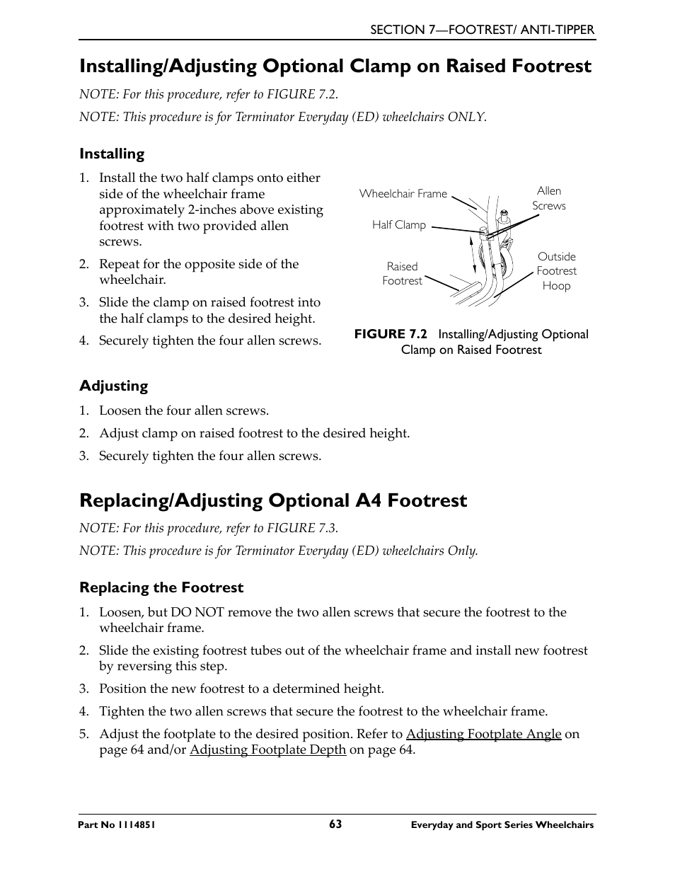 Installing, Adjusting, Replacing/adjusting optional a4 footrest | Replacing the footrest | Invacare Top End X-Terminator QR User Manual | Page 63 / 76