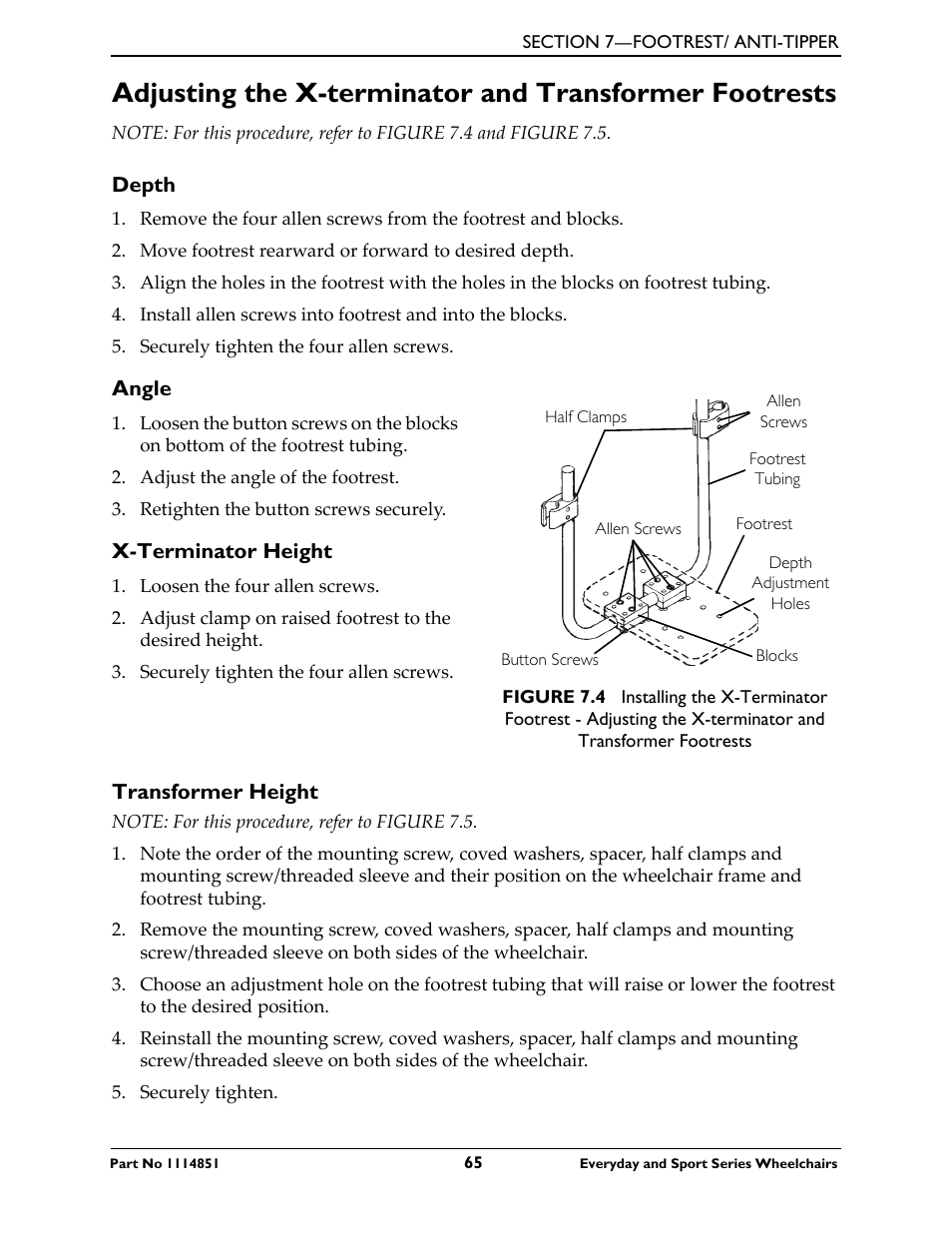 Depth, Angle, X-terminator height | Transformer height, Refer to adjusting the x‐terminator and | Invacare Top End X-Terminator QR User Manual | Page 65 / 76