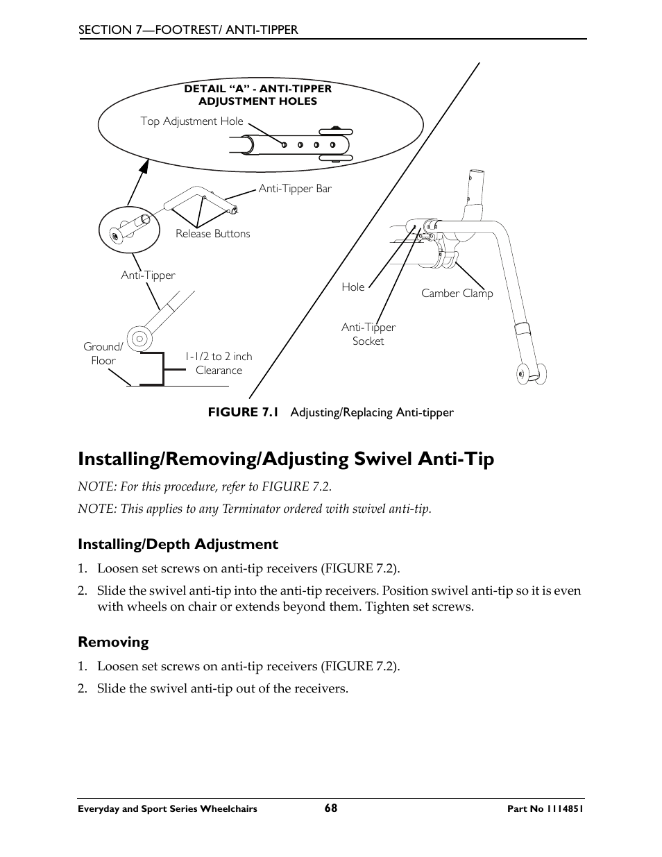 Installing/removing/adjusting swivel anti-tip, Installing/depth adjustment, Removing | Figure 7.1 | Invacare Top End X-Terminator QR User Manual | Page 68 / 76