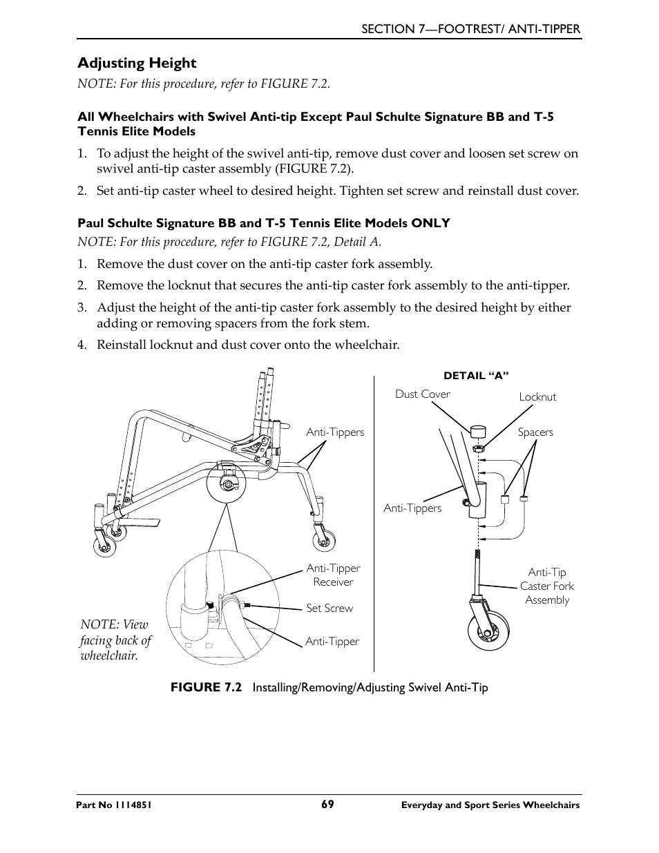 Adjusting height, All wheelchairs with swivel anti-tip except, Figure 7.2 | Figure 7.2) | Invacare Top End X-Terminator QR User Manual | Page 69 / 76