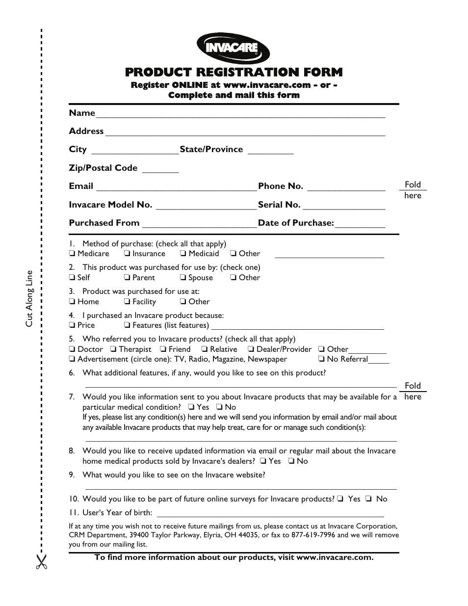 Product registration form | Invacare Top End X-Terminator QR User Manual | Page 7 / 76