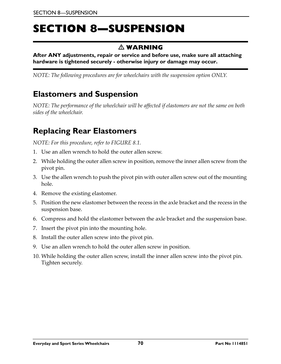 Section 8—suspension, Elastomers and suspension, Replacing rear elastomers | Invacare Top End X-Terminator QR User Manual | Page 70 / 76