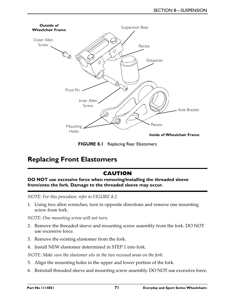 Replacing front elastomers, Caution | Invacare Top End X-Terminator QR User Manual | Page 71 / 76
