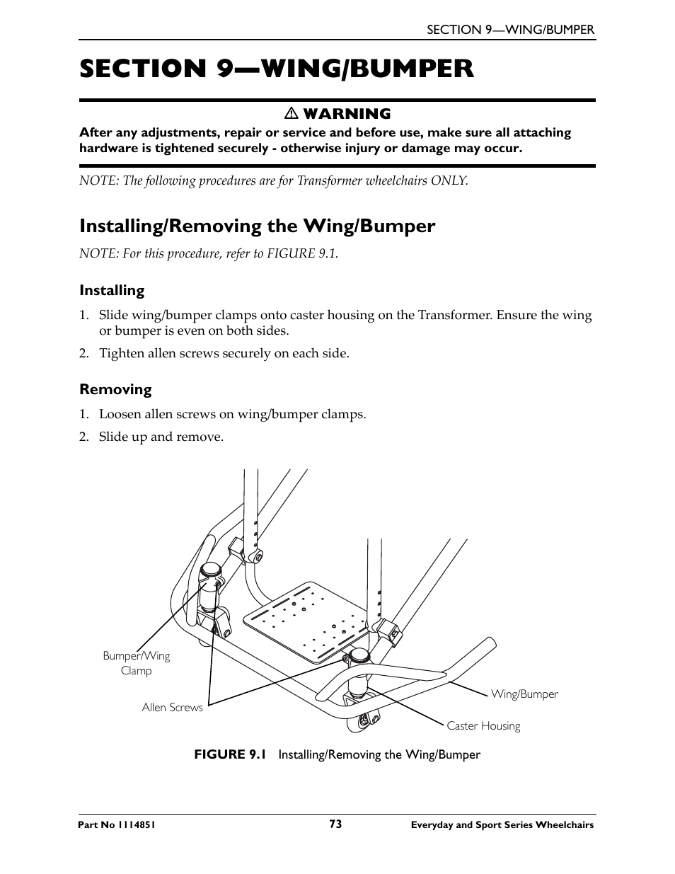 Section 9—wing/bumper, Installing/removing the wing/bumper, Installing | Removing | Invacare Top End X-Terminator QR User Manual | Page 73 / 76