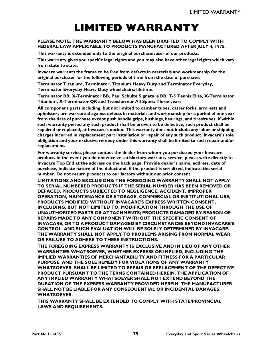 Limited warranty | Invacare Top End X-Terminator QR User Manual | Page 75 / 76