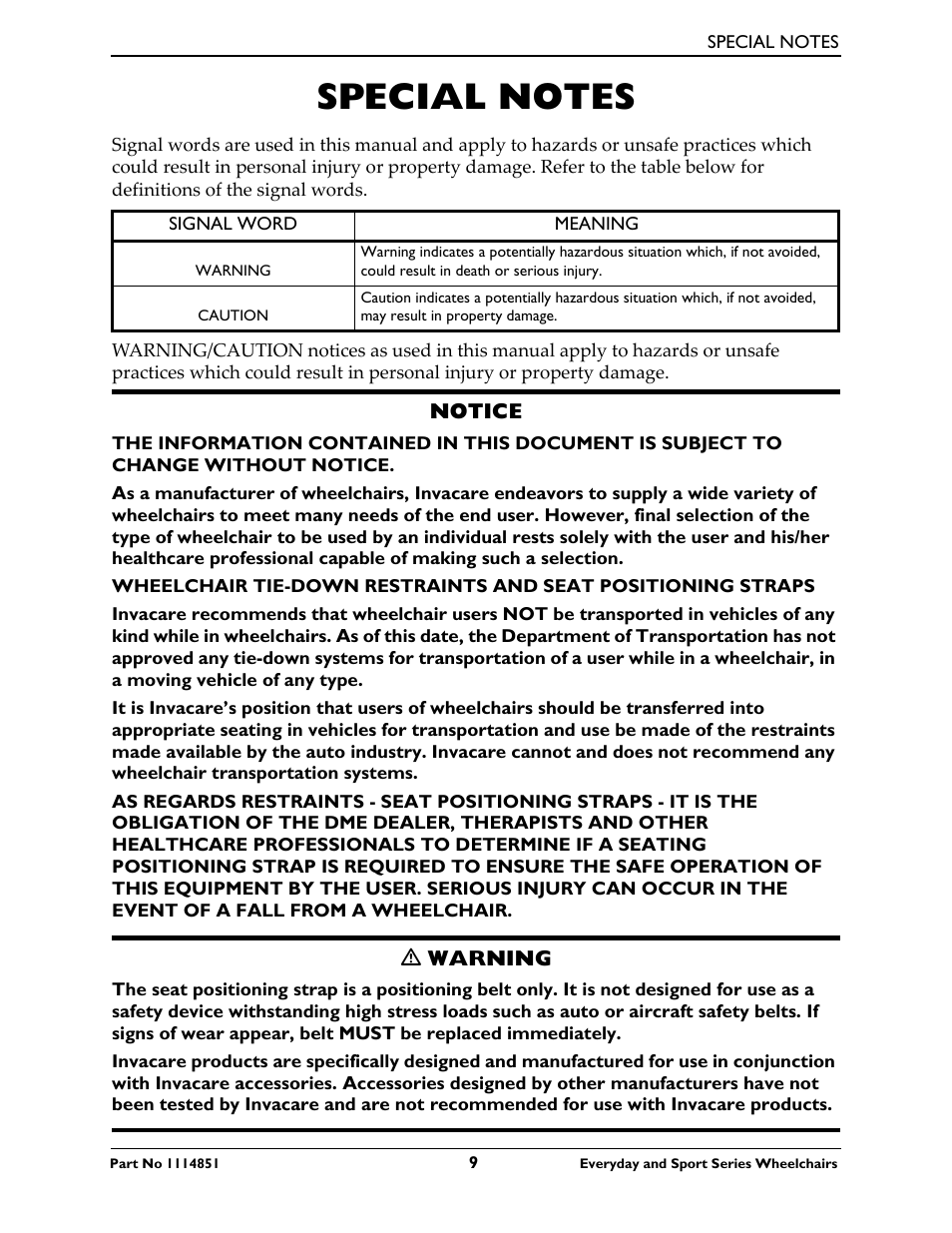 Special notes | Invacare Top End X-Terminator QR User Manual | Page 9 / 76