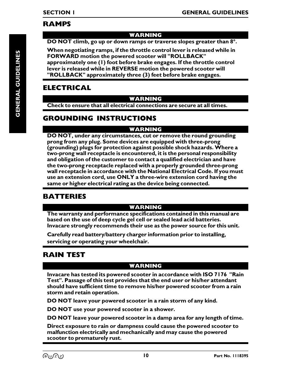 Ramps, Electrical, Grounding instructions | Batteries, Rain test | Invacare BUZZ HMV User Manual | Page 10 / 52