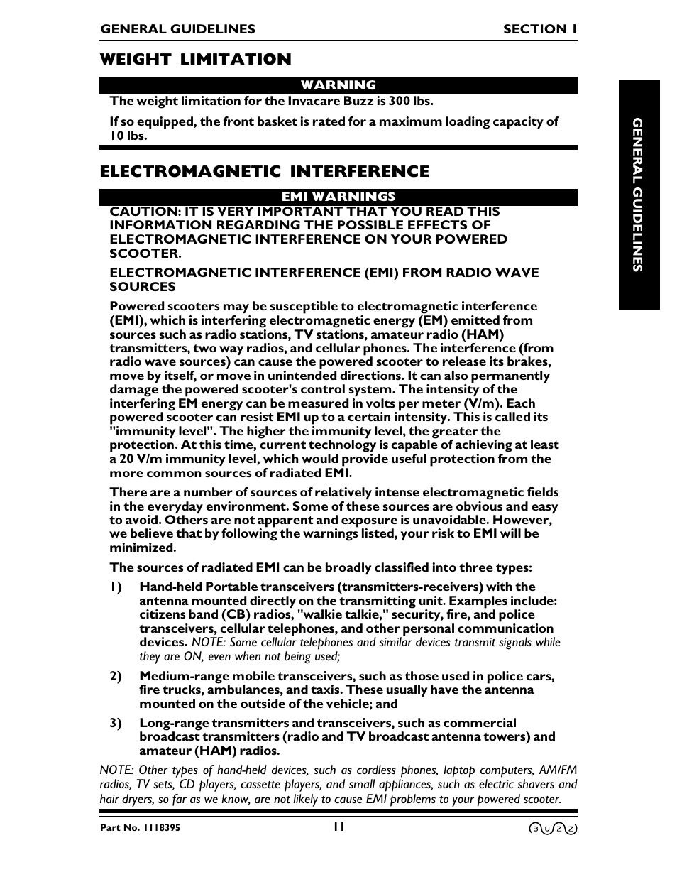 Weight limitation, Electromagnetic interference | Invacare BUZZ HMV User Manual | Page 11 / 52