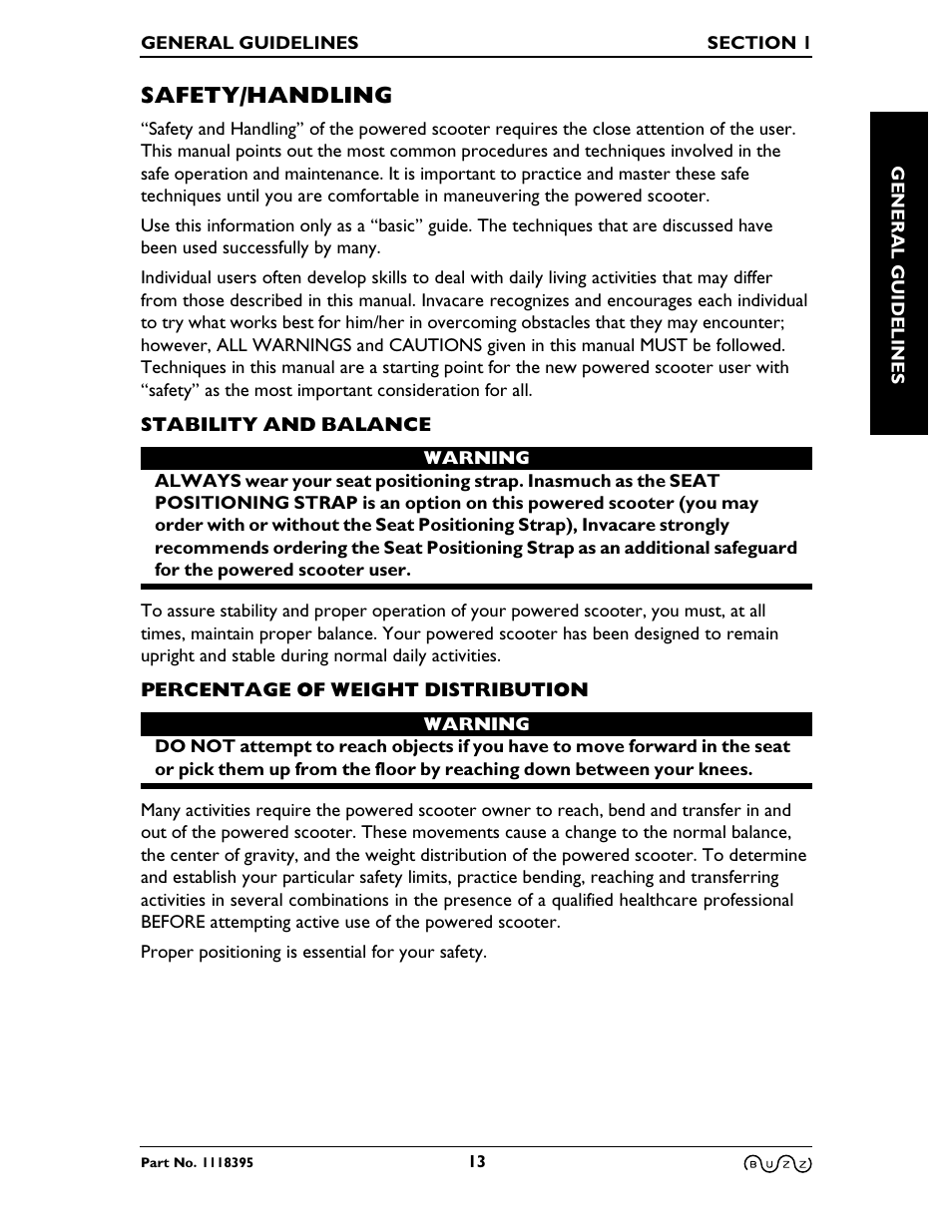 Safety/handling | Invacare BUZZ HMV User Manual | Page 13 / 52