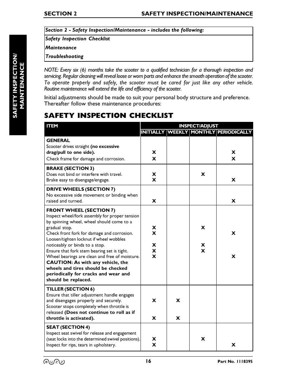 Section 2 - safety inspection/maintenance, Safety inspection checklist | Invacare BUZZ HMV User Manual | Page 16 / 52