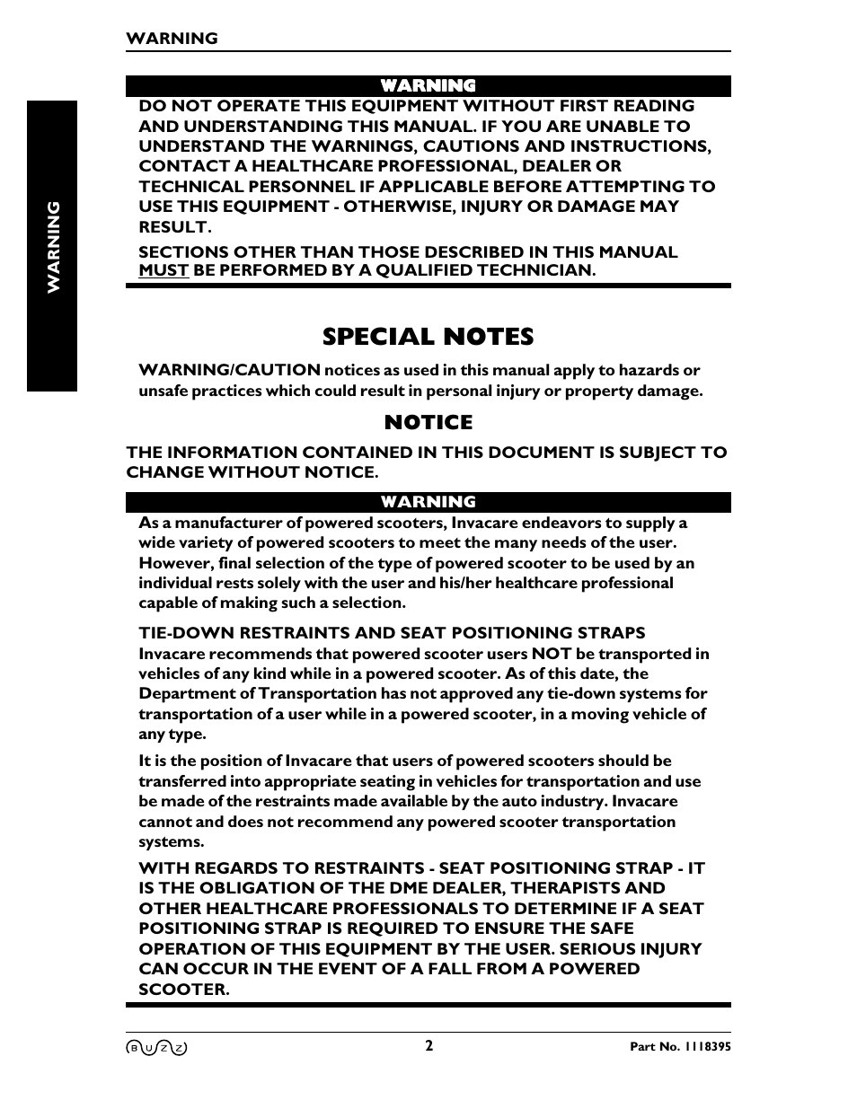 Special notes, Notice | Invacare BUZZ HMV User Manual | Page 2 / 52