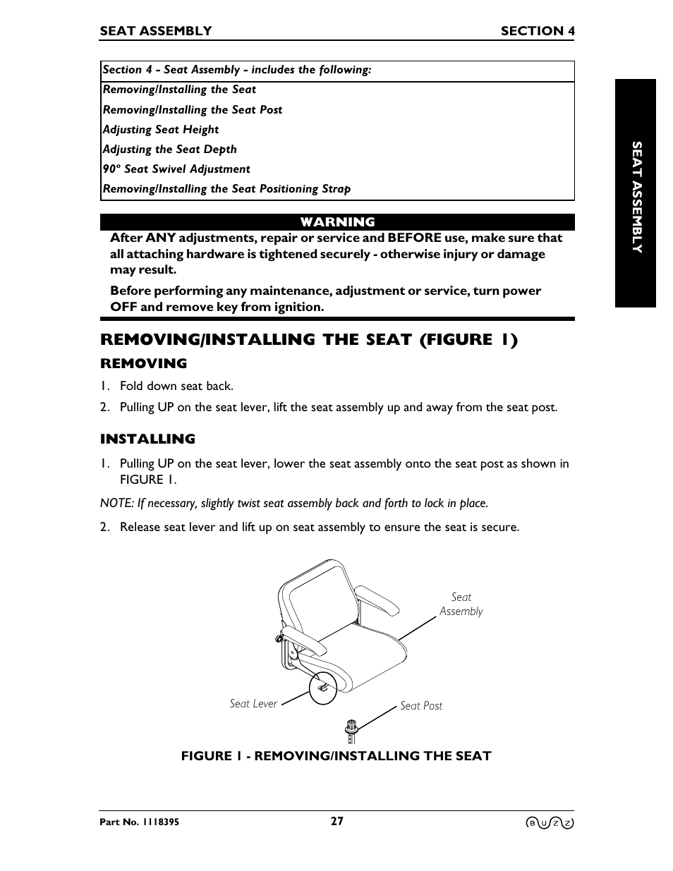 Section 4 - seat assembly, Removing/installing the seat, Removing/installing the seat (figure 1) | Invacare BUZZ HMV User Manual | Page 27 / 52