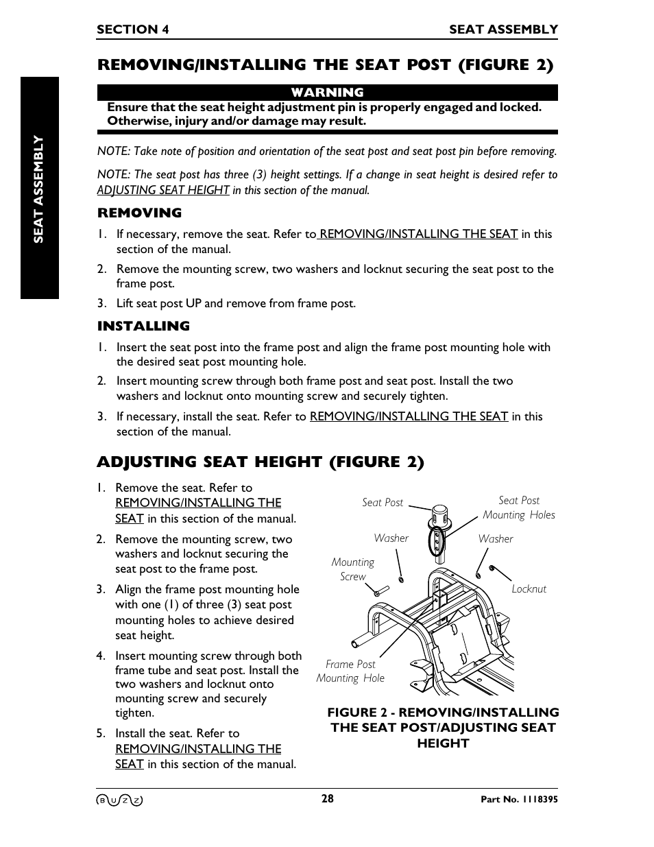 Adjusting seat height, Removing/installing the seat post, Removing/installing the seat post (figure 2) | Adjusting seat height (figure 2) | Invacare BUZZ HMV User Manual | Page 28 / 52