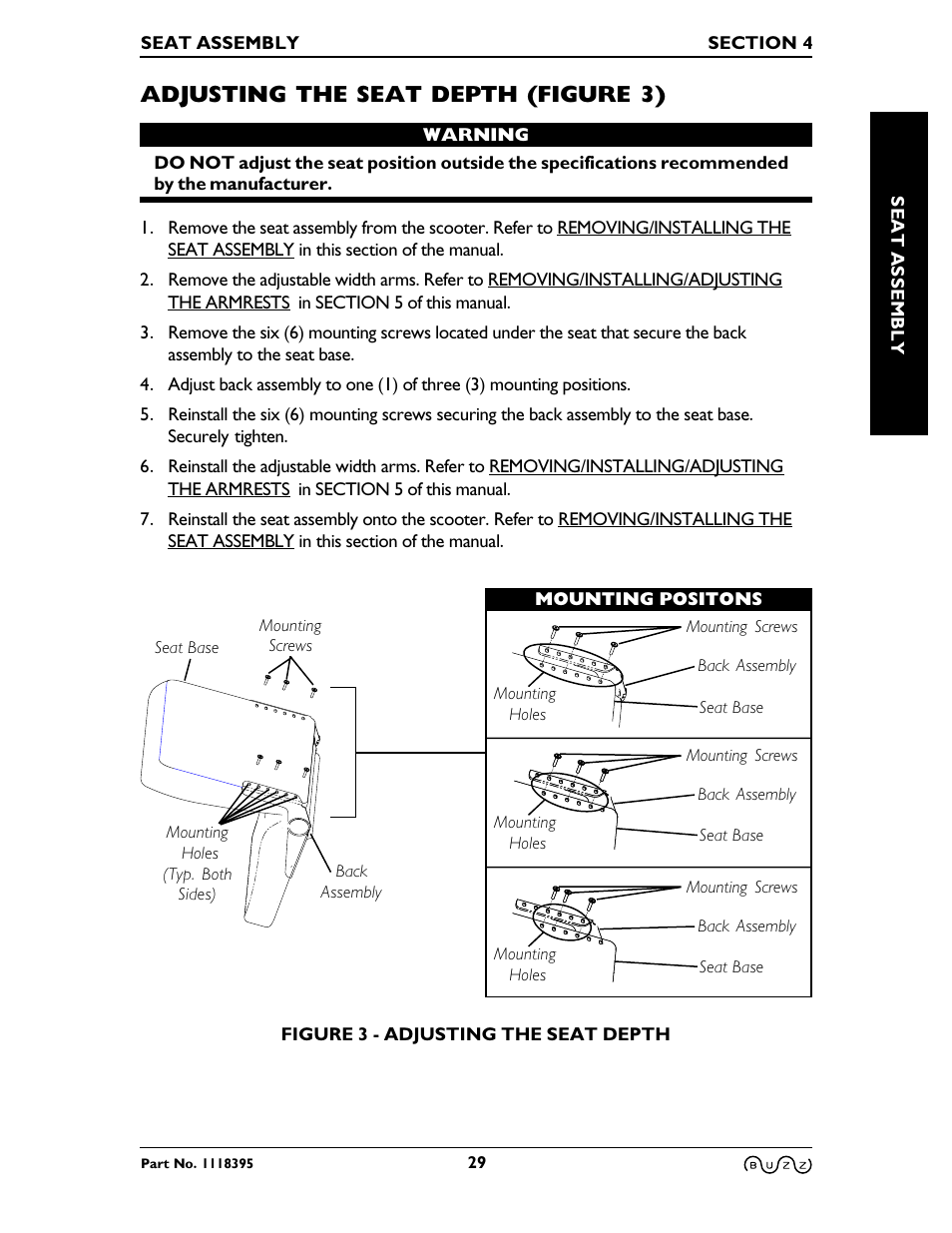 Adjusting the seat depth, Adjusting the seat depth (figure 3) | Invacare BUZZ HMV User Manual | Page 29 / 52