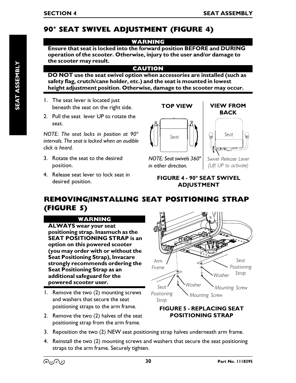 90° seat swivel adjustment, Removing/installing seat positioning strap, 90° seat swivel adjustment (figure 4) | Invacare BUZZ HMV User Manual | Page 30 / 52