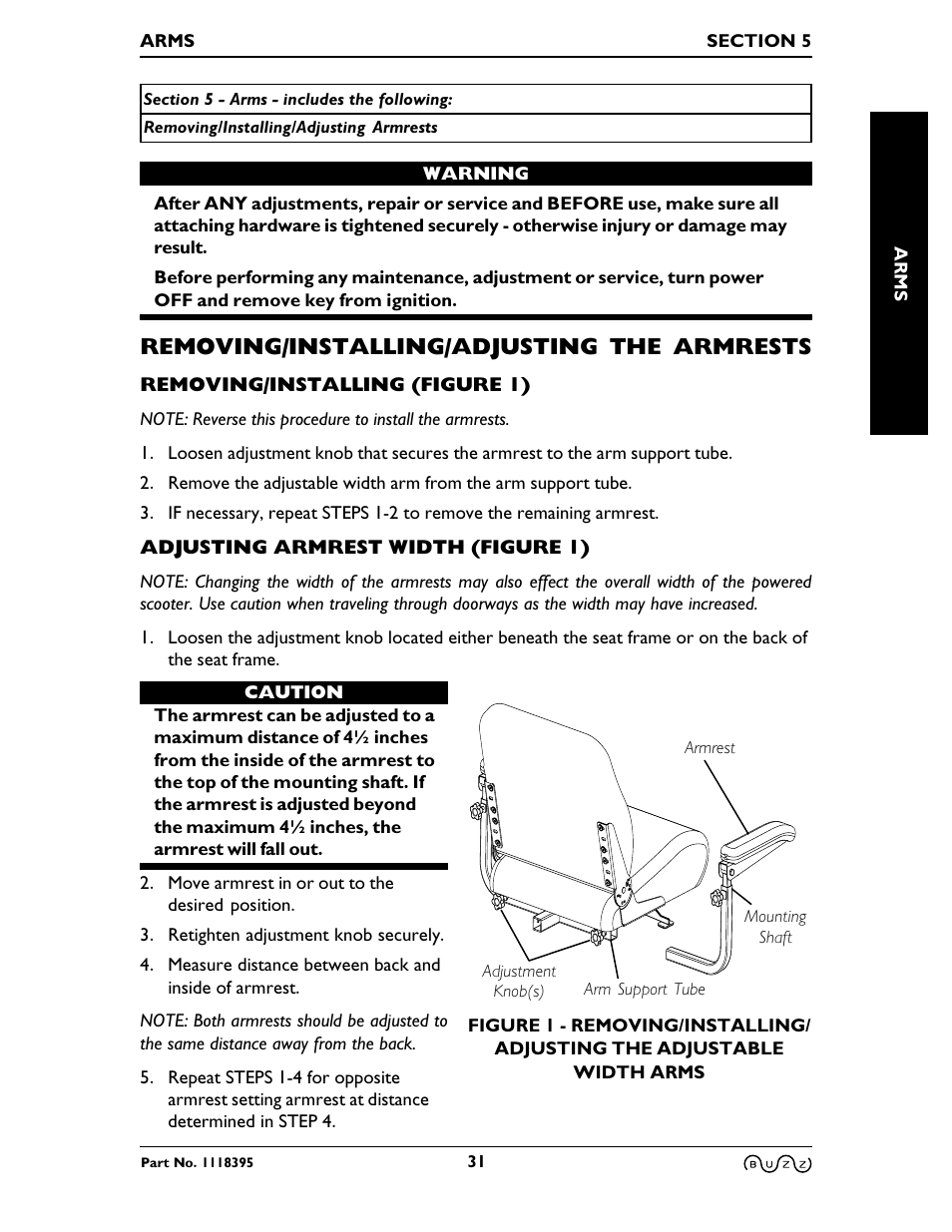 Removing/installing/adjusting the armrests | Invacare BUZZ HMV User Manual | Page 31 / 52