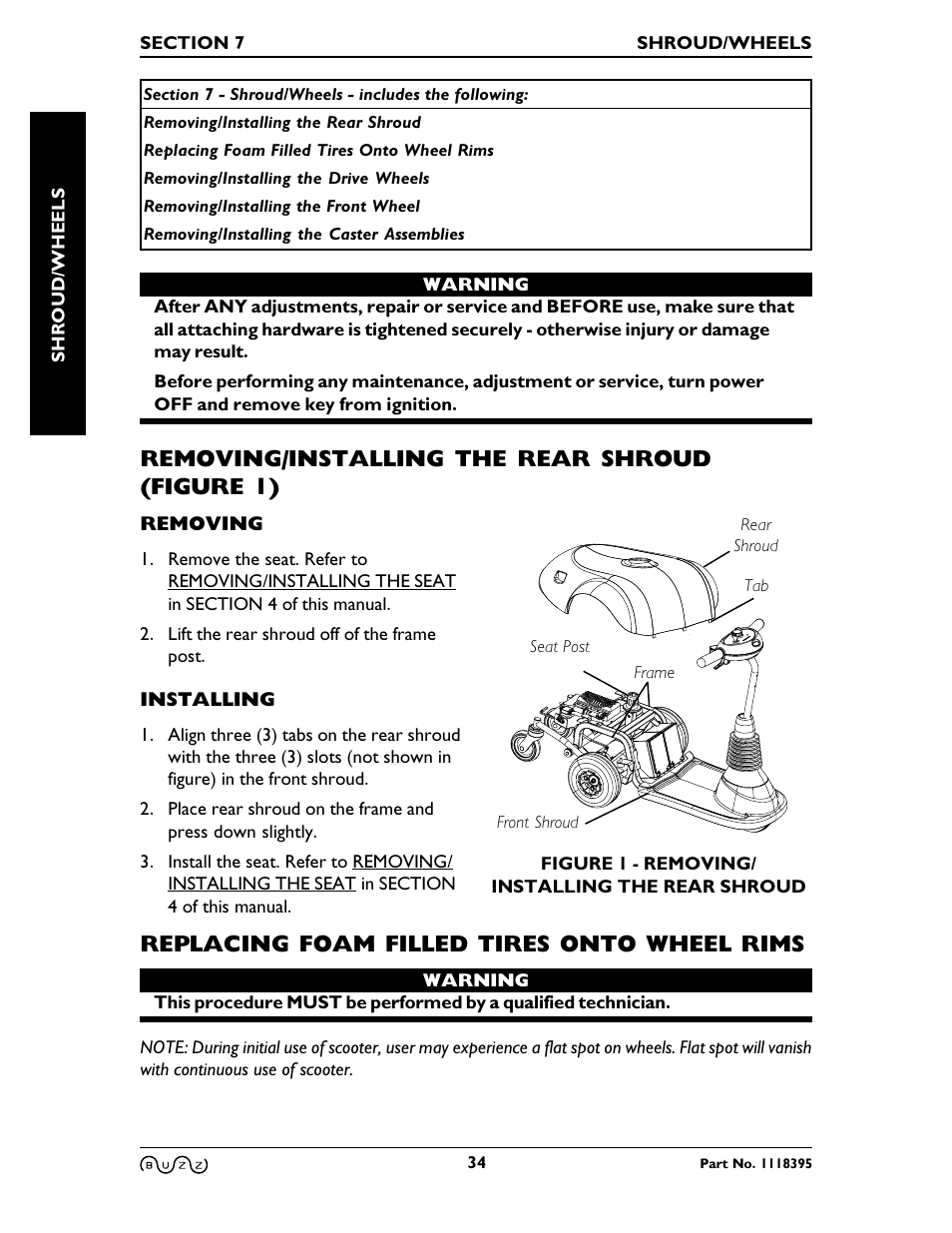 Removing/installing the rear shroud (figure 1), Replacing foam filled tires onto wheel rims | Invacare BUZZ HMV User Manual | Page 34 / 52