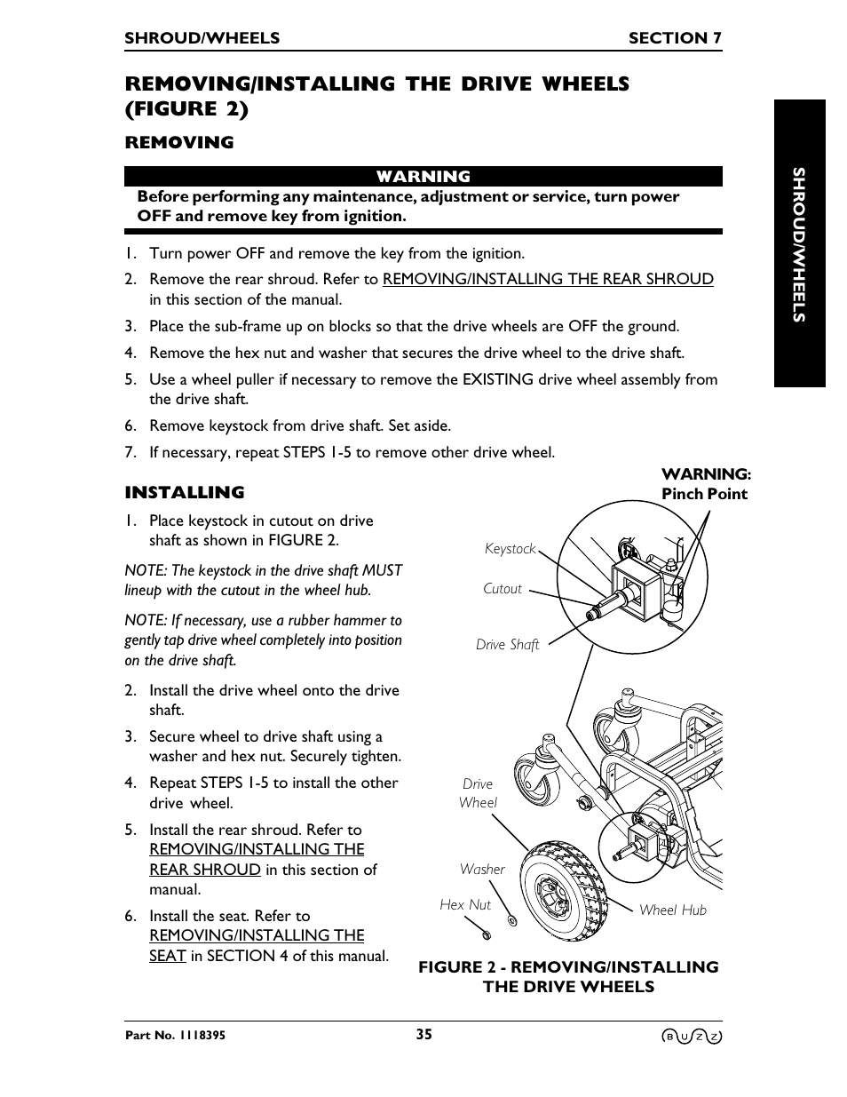 Removing/installing the drive wheels (figure 2) | Invacare BUZZ HMV User Manual | Page 35 / 52