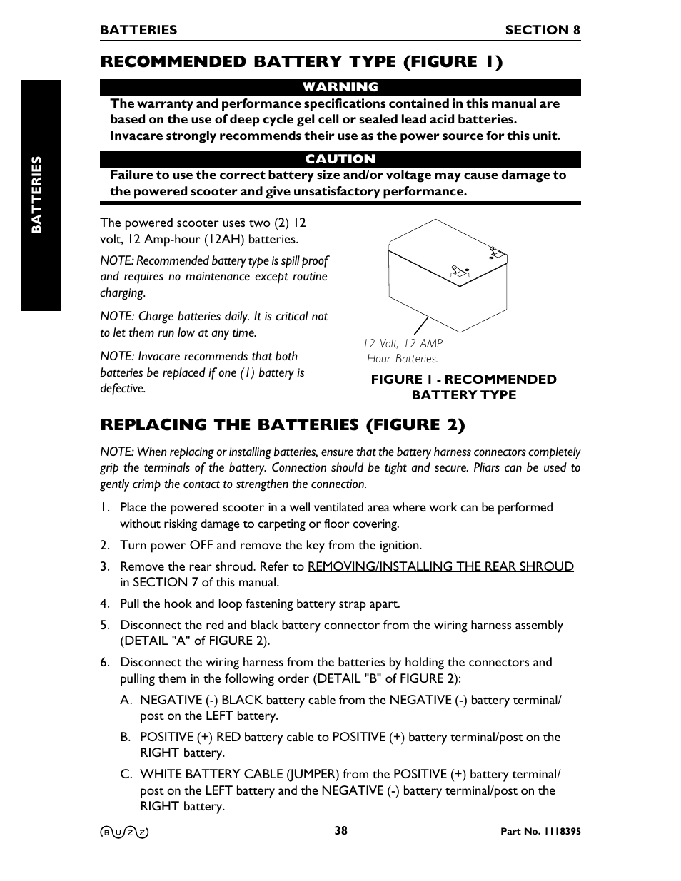 Recommended battery type (figure 1), Replacing the batteries (figure 2) | Invacare BUZZ HMV User Manual | Page 38 / 52