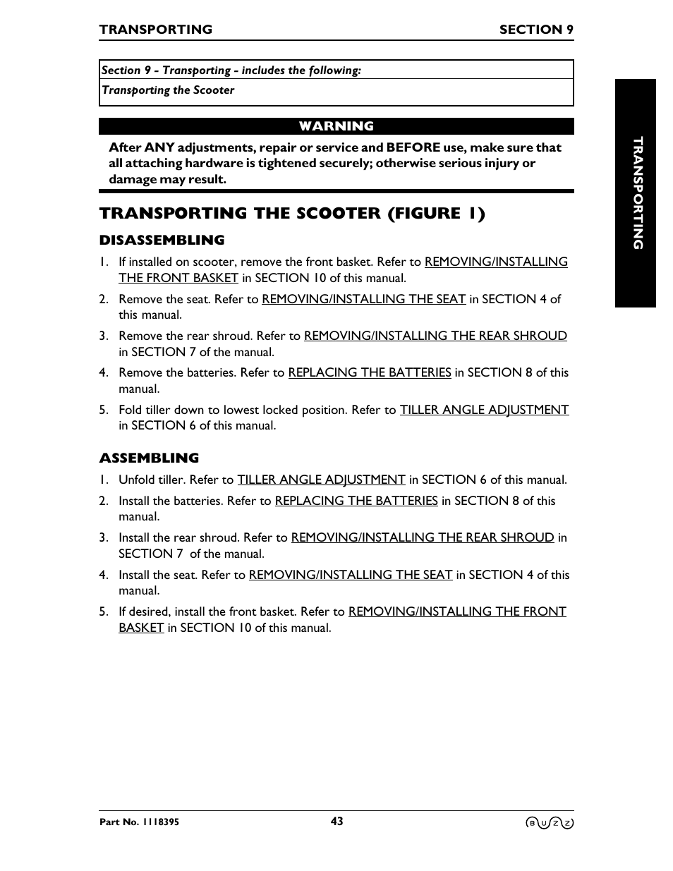 Transporting the scooter (figure 1) | Invacare BUZZ HMV User Manual | Page 43 / 52