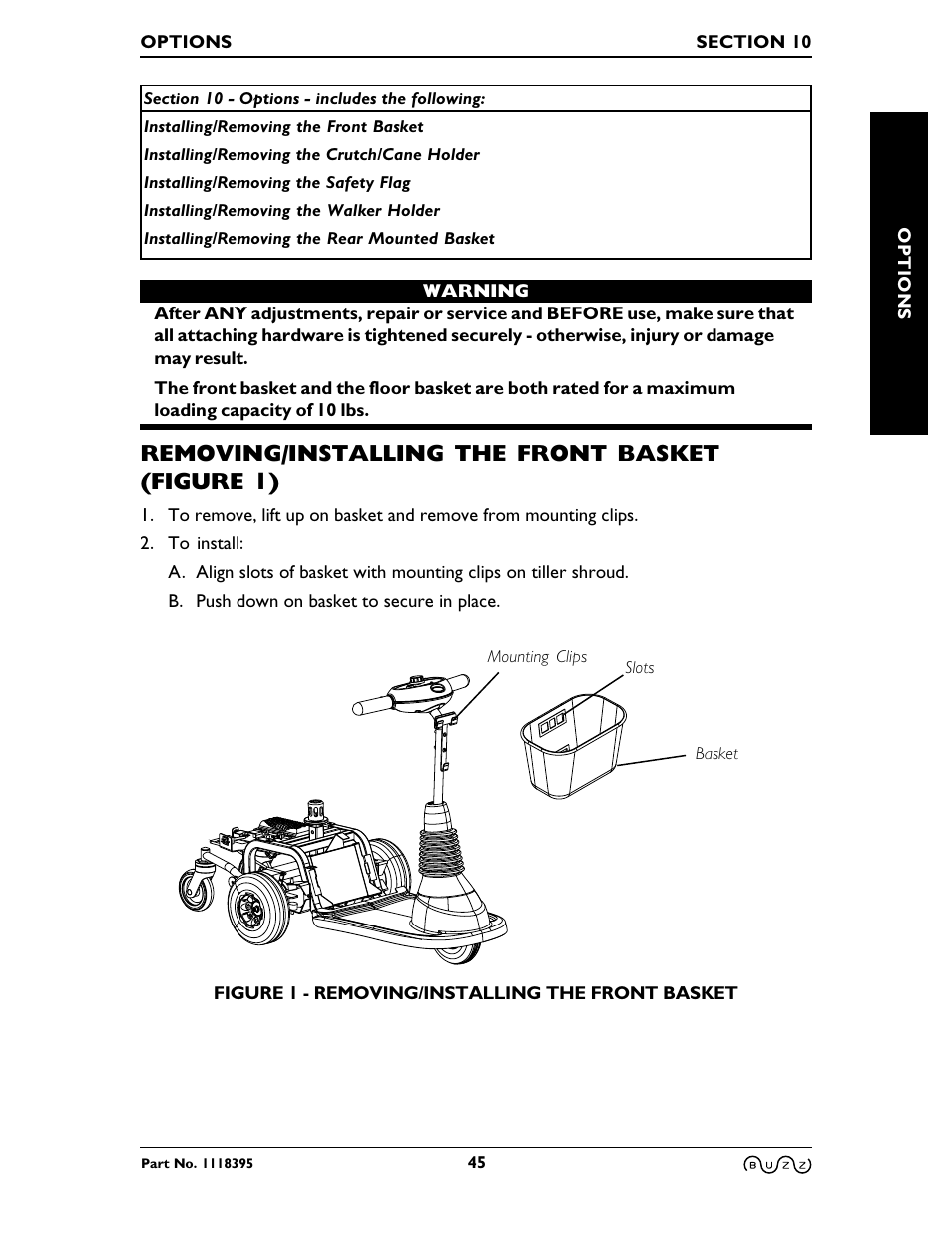 Removing/installing the front basket (figure 1) | Invacare BUZZ HMV User Manual | Page 45 / 52