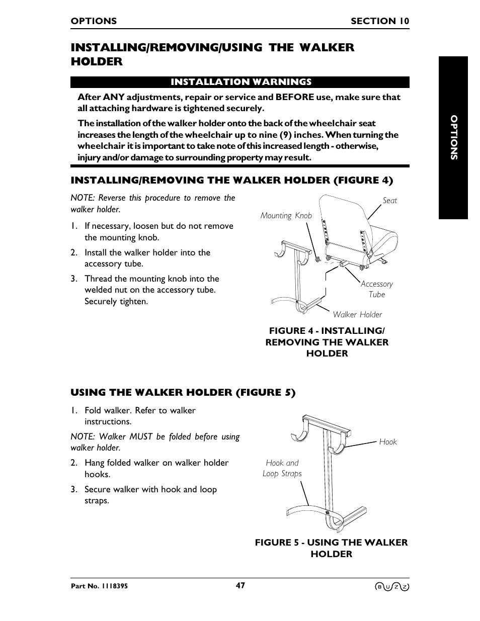 Installing/removing/using the walker holder | Invacare BUZZ HMV User Manual | Page 47 / 52