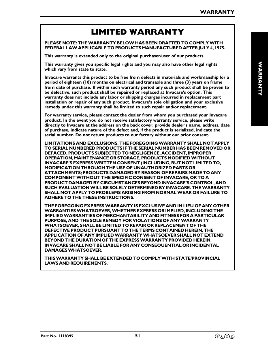 Limited warranty | Invacare BUZZ HMV User Manual | Page 51 / 52