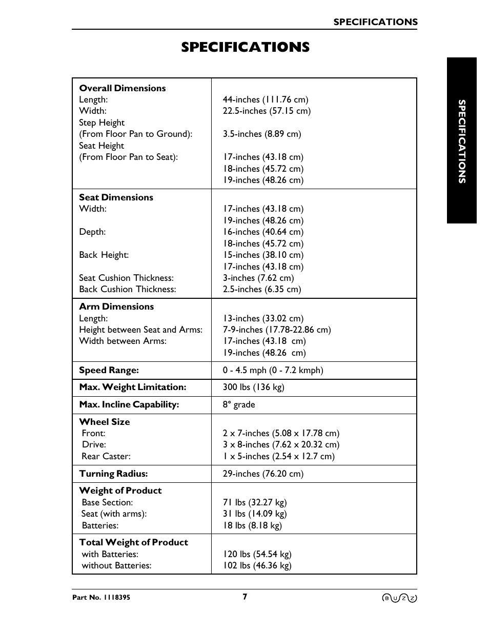 Specifications | Invacare BUZZ HMV User Manual | Page 7 / 52