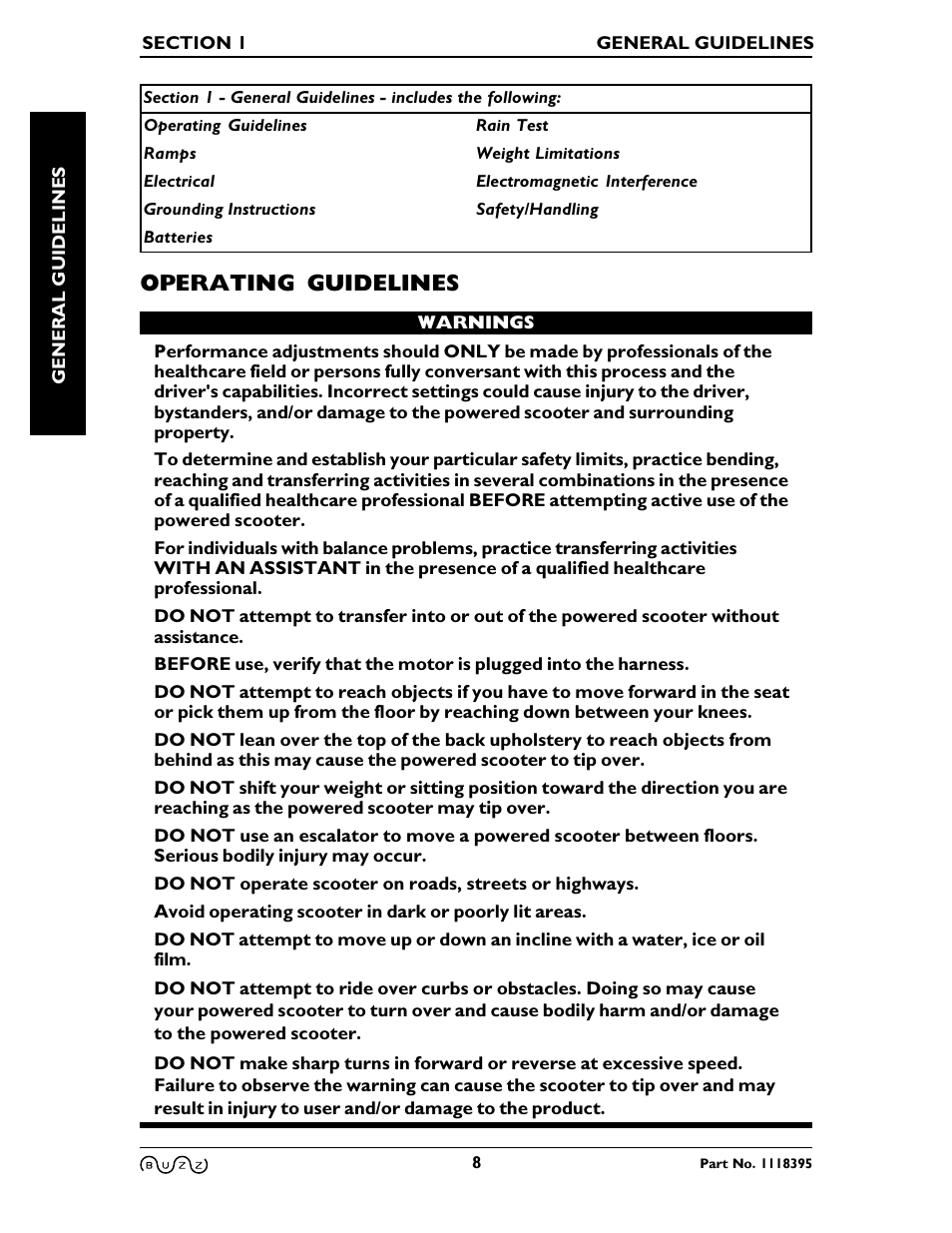 Section 1 - general guidelines, Operating guidelines | Invacare BUZZ HMV User Manual | Page 8 / 52