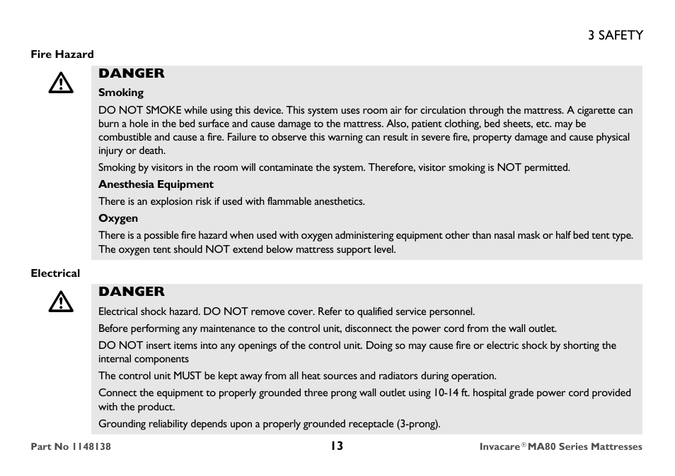 Fire hazard, Danger, Smoking | Anesthesia equipment, Oxygen, Electrical | Invacare MA85 User Manual | Page 13 / 36