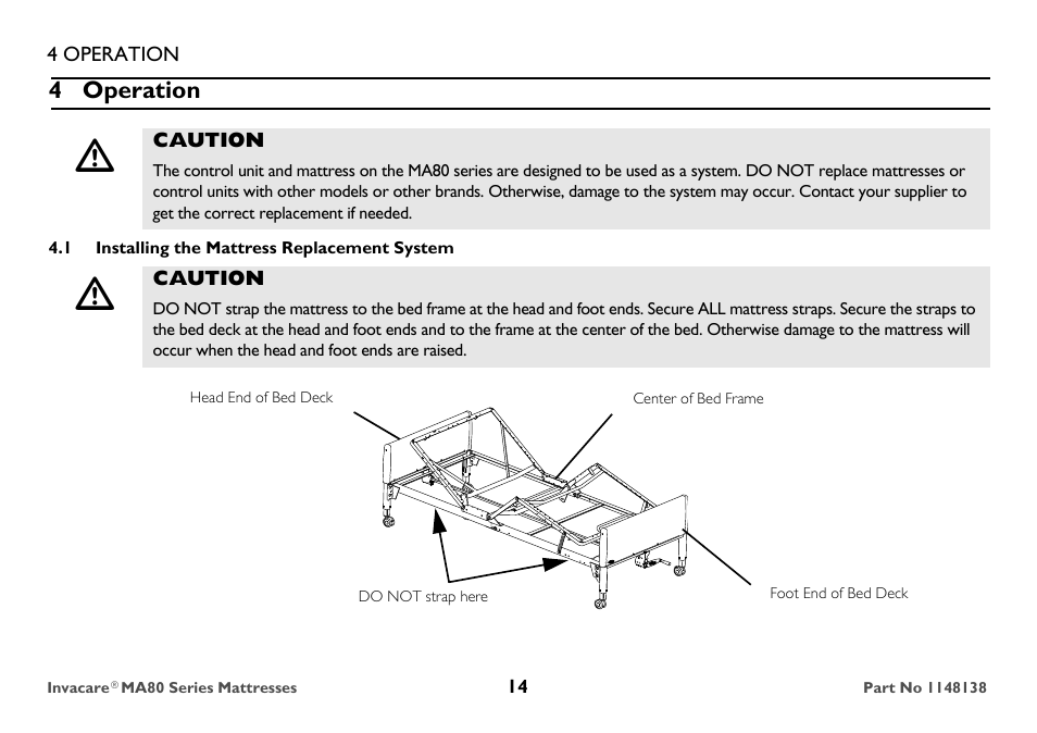 4 operation, Caution, 1 installing the mattress replacement system | Head end of bed deck | Invacare MA85 User Manual | Page 14 / 36